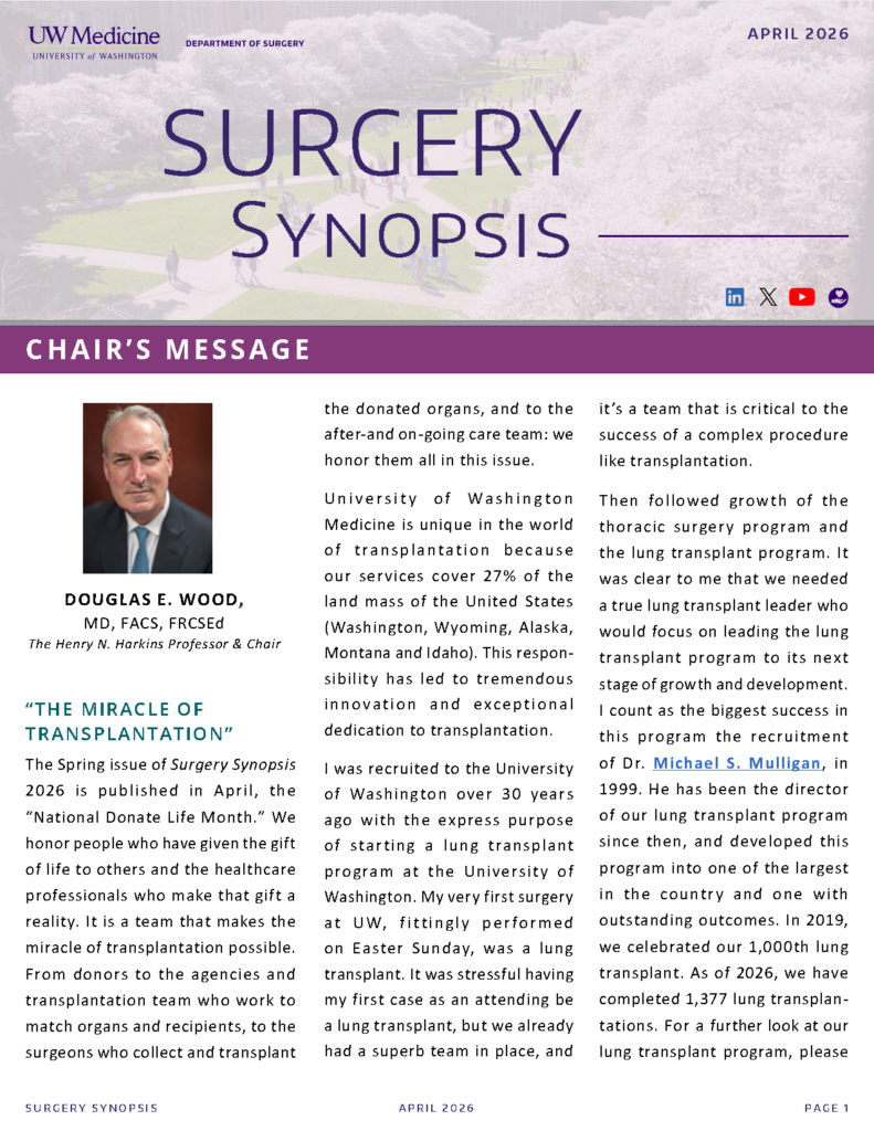 University of Washington Department of Surgery - Surgery Synopsis Newsletter April 2026 - Cover Page