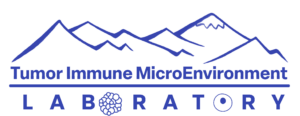 Logo with blue line-art mountains above the text ‘Tumor Immune MicroEnvironment Laboratory.’ A horizontal line separates the name from the word ‘LABORATORY,’ where the letter ‘O’ is depicted as a stylized cluster of cells.