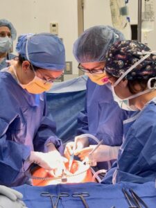 Surgical team members collaborate during a procedure in an operating room using sterile instruments and surgical equipment.