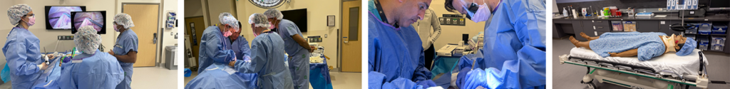 Collage of simulation-based surgical education activities, including laparoscopic skills training, hands-on operative practice in a simulation laboratory, and a high-fidelity patient simulation environment.